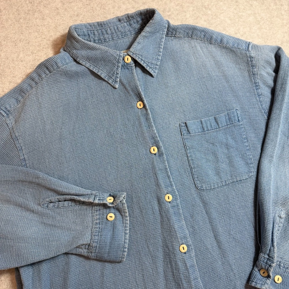 Vintage‎ Eddie Bauer Womens XL Blue Waffle Knit Cotton Button Up Shirt 90s